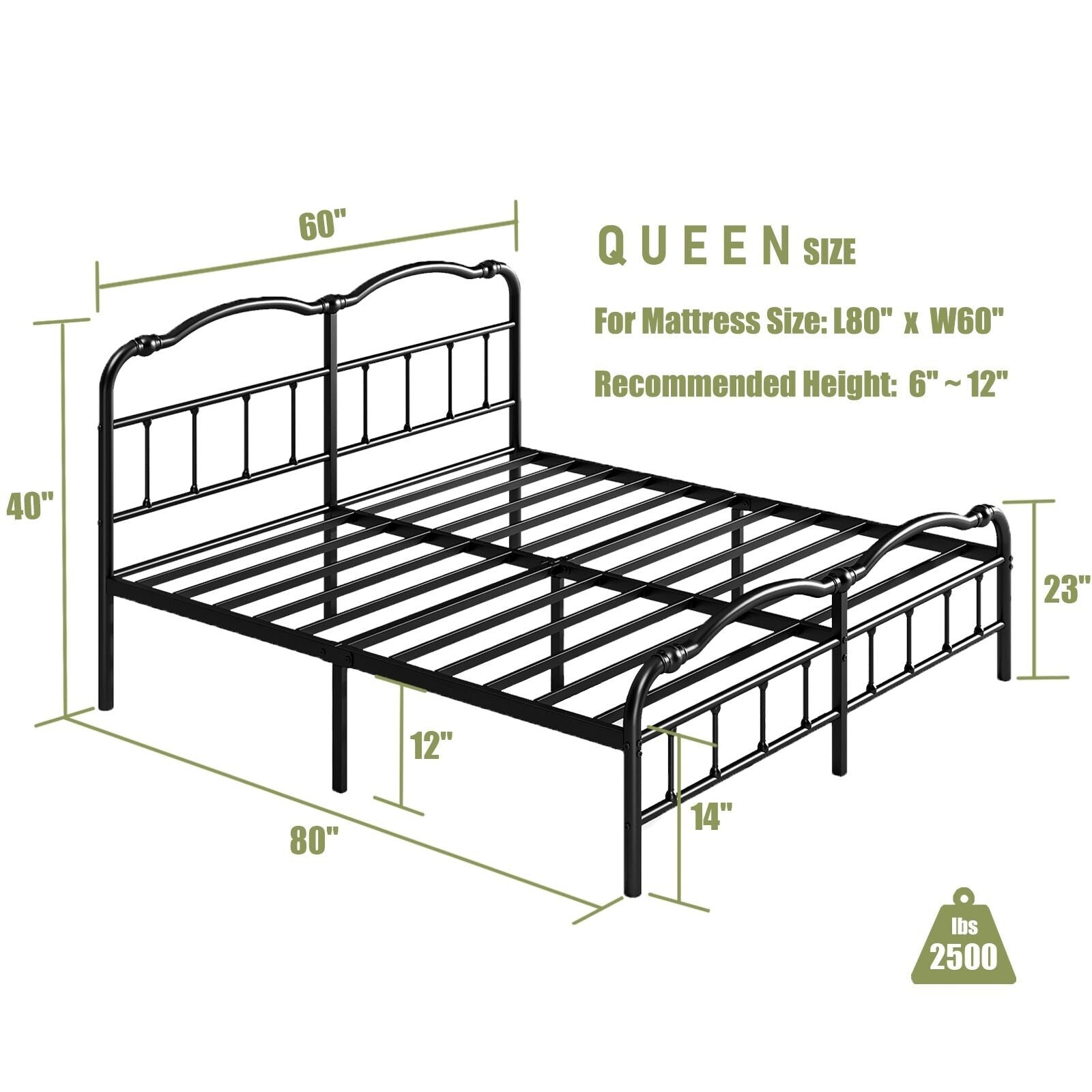 14 In High Heavy Duty Metal Bed Frame with Vintage Style, Supports Up To 2500lbs, Easy Assembly and No Squeak