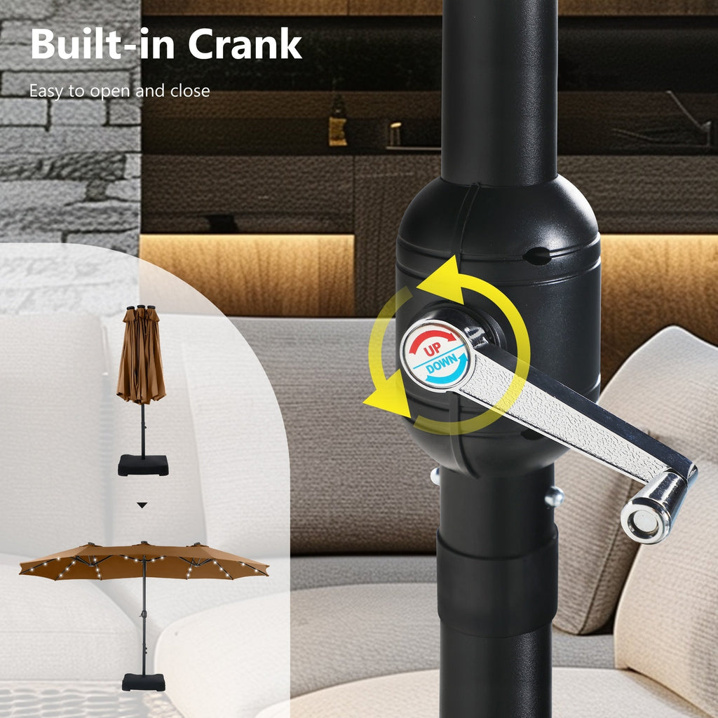 MAISON ARTS 15-foot Rectangular Crank Double-sided Outdoor Market Umbrella Solar LED Lighted Patio Umbrella with Base Included