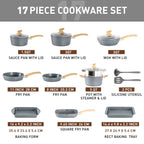 17-Piece Kitchen Granite Cookware Set, Non-stick Cooking Pots and Pans Set