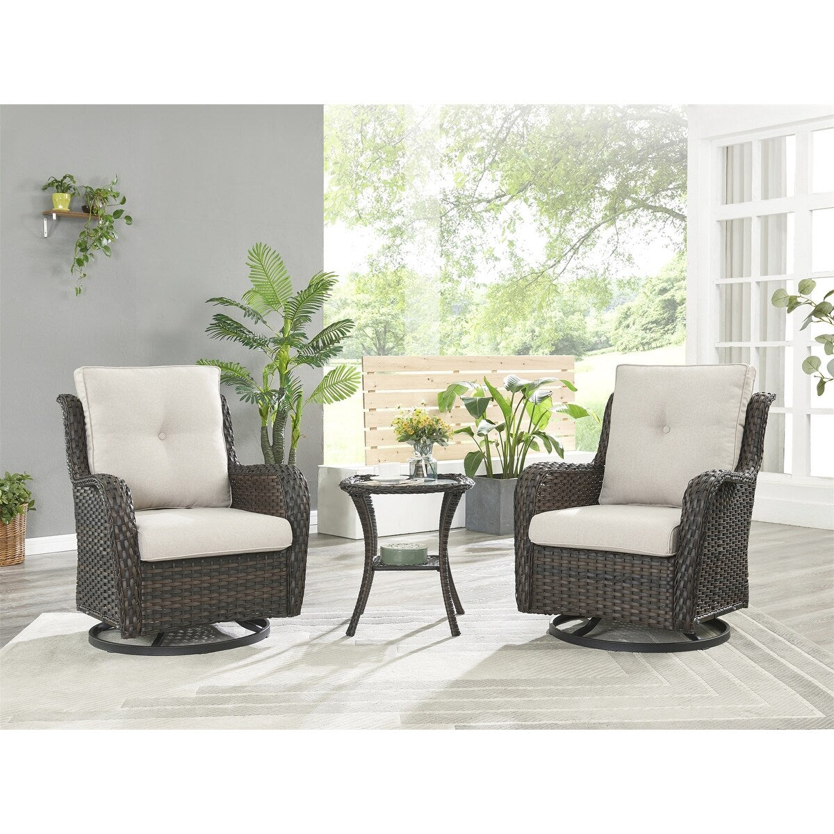 Gymojoy 3 Piece Outdoor Wicker Swivel Rocker with Cushion & Table
