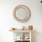 30-in Bohemian Beige Round Wooden Decorative Bathroom Vanity Wall Mirror