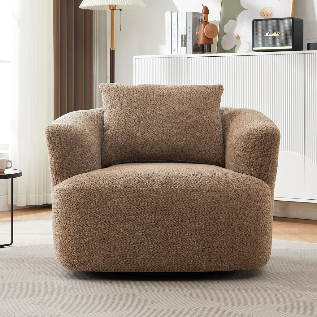 360¡ã Swivel Chair, 38.2 Boucle Accent Chair with Throw Pillow, Upholstered Barrel Sofa Chair with Curved Armrests