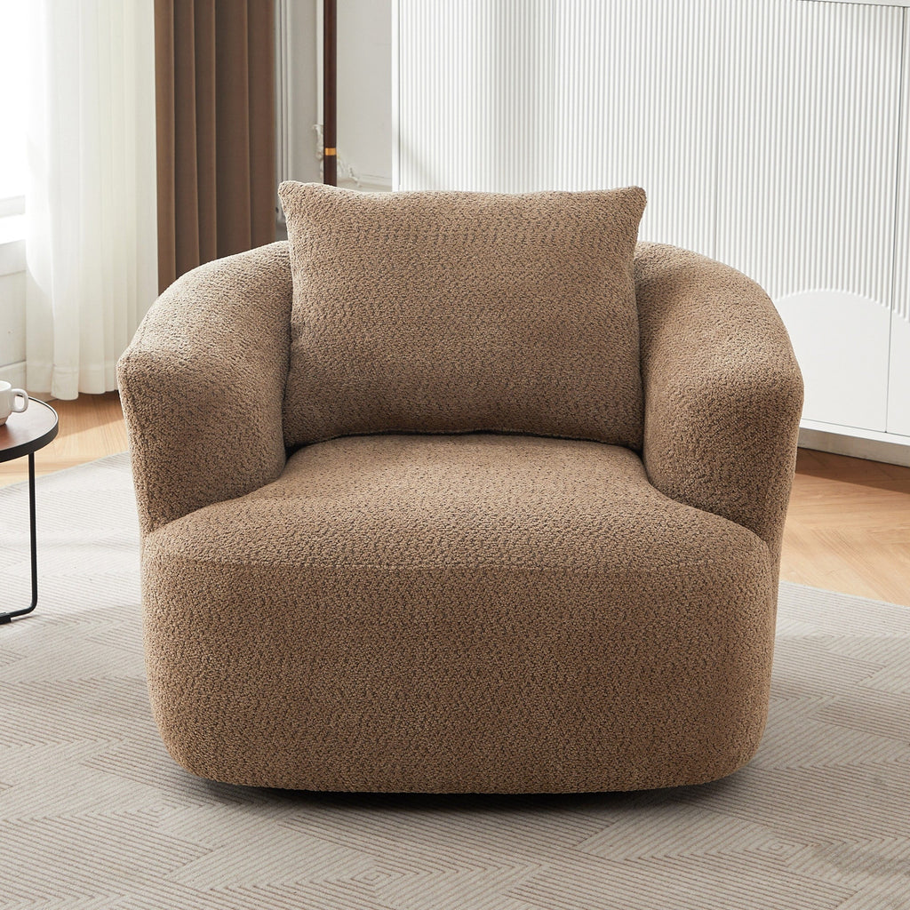 360¡ã Swivel Chair, 38.2 Boucle Accent Chair with Throw Pillow, Upholstered Barrel Sofa Chair with Curved Armrests