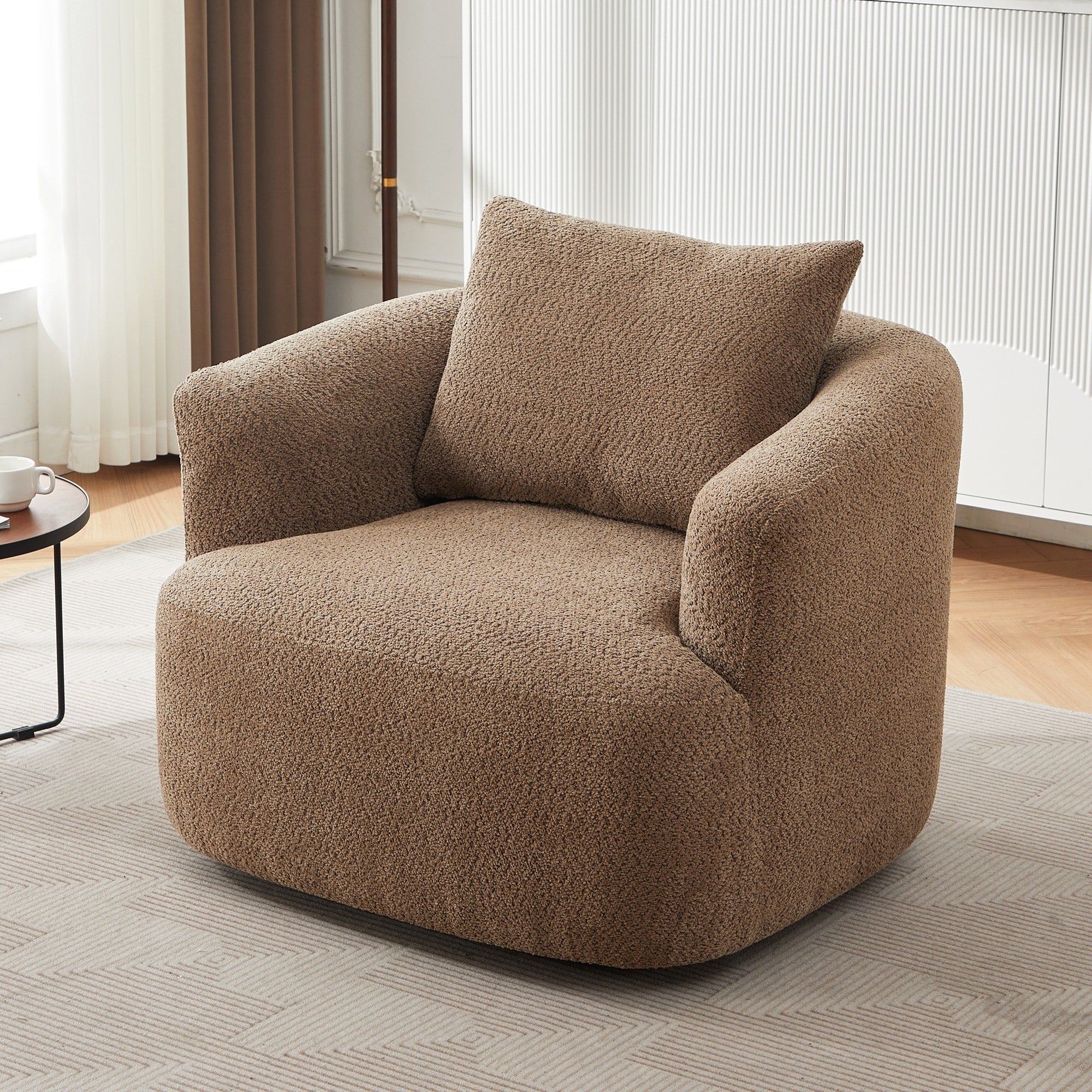360¡ã Swivel Chair, 38.2 Boucle Accent Chair with Throw Pillow, Upholstered Barrel Sofa Chair with Curved Armrests