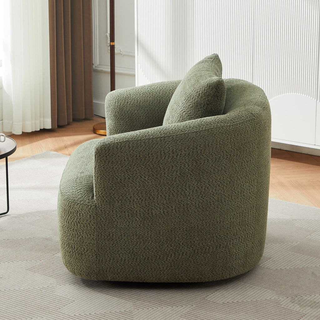 360¡ã Swivel Chair, 38.2 Boucle Accent Chair with Throw Pillow, Upholstered Barrel Sofa Chair with Curved Armrests