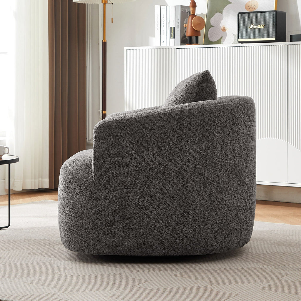 360¡ã Swivel Chair, 38.2 Boucle Accent Chair with Throw Pillow, Upholstered Barrel Sofa Chair with Curved Armrests