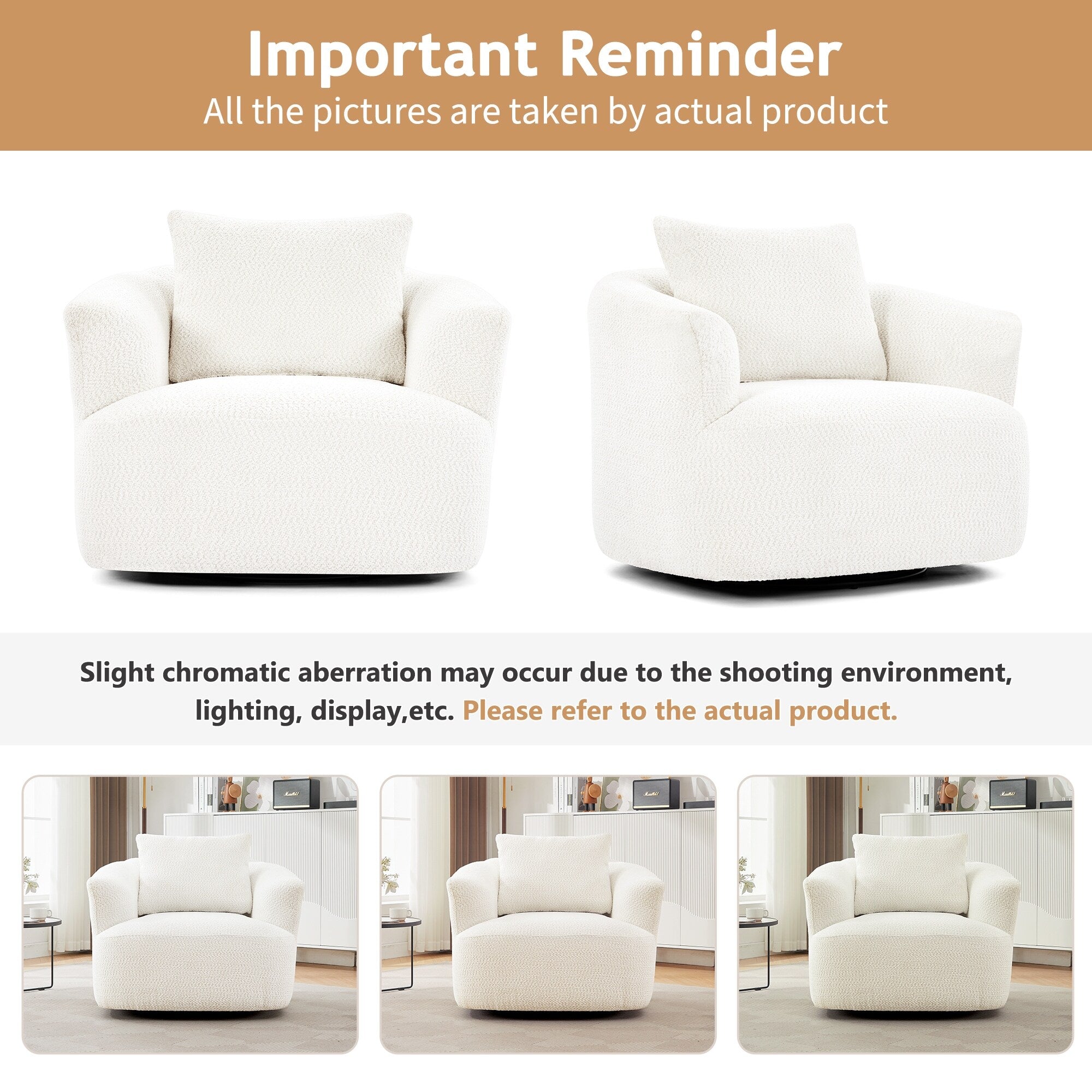 360¡ã Swivel Chair, 38.2 Boucle Accent Chair with Throw Pillow, Upholstered Barrel Sofa Chair with Curved Armrests