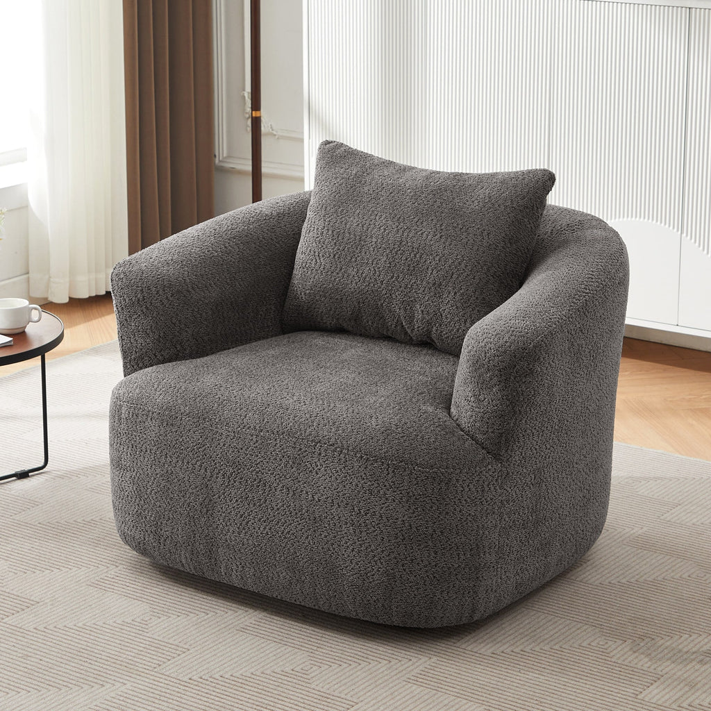 360¡ã Swivel Chair, 38.2 Boucle Accent Chair with Throw Pillow, Upholstered Barrel Sofa Chair with Curved Armrests