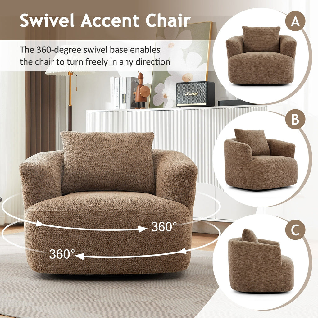 360¡ã Swivel Chair, 38.2 Boucle Accent Chair with Throw Pillow, Upholstered Barrel Sofa Chair with Curved Armrests