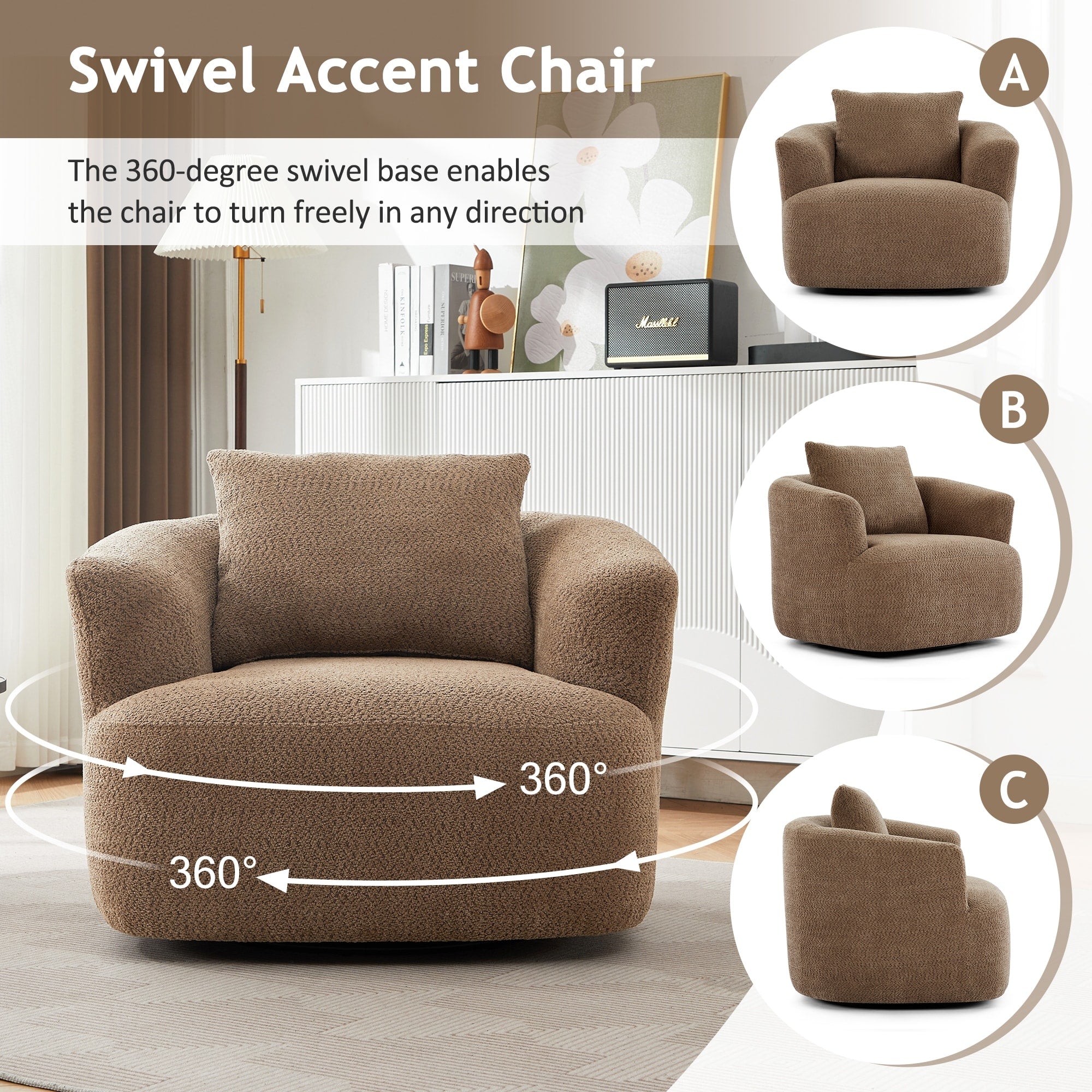 360¡ã Swivel Chair, 38.2 Boucle Accent Chair with Throw Pillow, Upholstered Barrel Sofa Chair with Curved Armrests