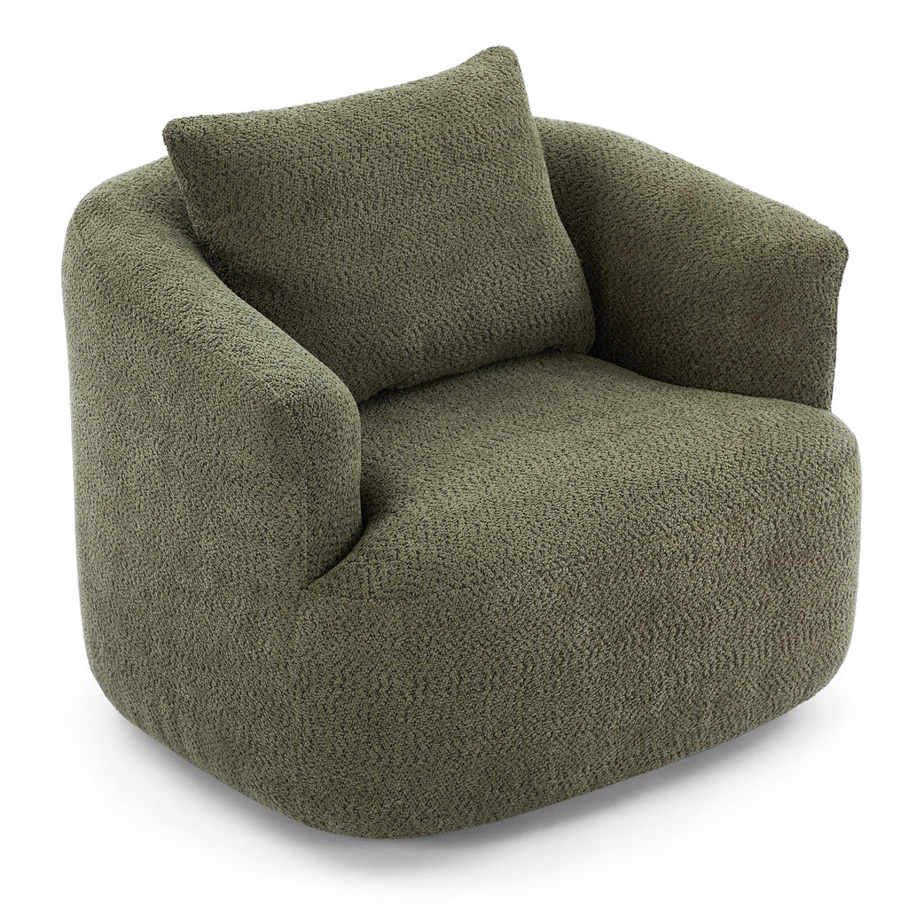 360¡ã Swivel Chair, 38.2 Boucle Accent Chair with Throw Pillow, Upholstered Barrel Sofa Chair with Curved Armrests
