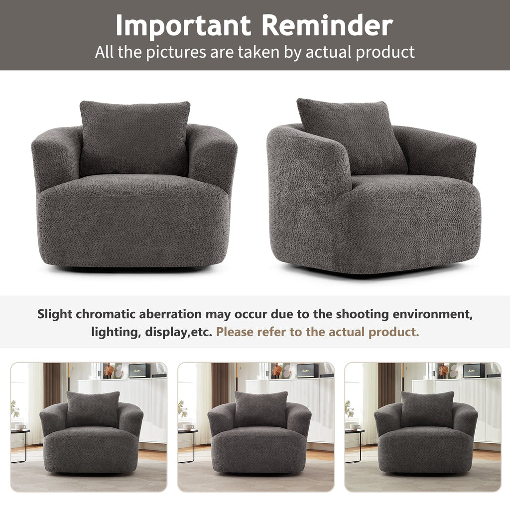 360¡ã Swivel Chair, 38.2 Boucle Accent Chair with Throw Pillow, Upholstered Barrel Sofa Chair with Curved Armrests