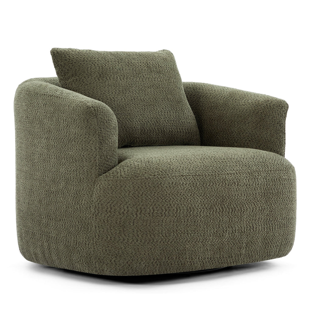 360¡ã Swivel Chair, 38.2 Boucle Accent Chair with Throw Pillow, Upholstered Barrel Sofa Chair with Curved Armrests