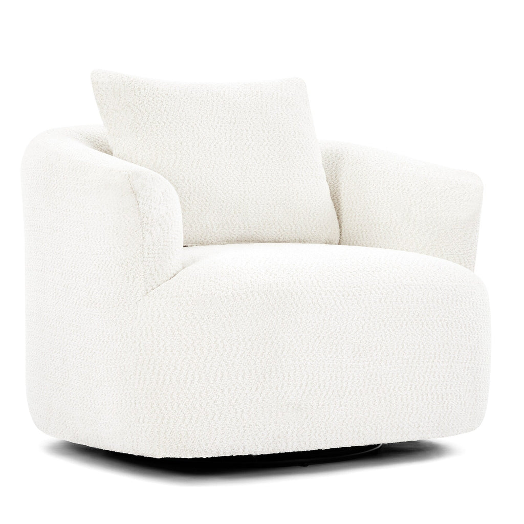 360¡ã Swivel Chair, 38.2 Boucle Accent Chair with Throw Pillow, Upholstered Barrel Sofa Chair with Curved Armrests
