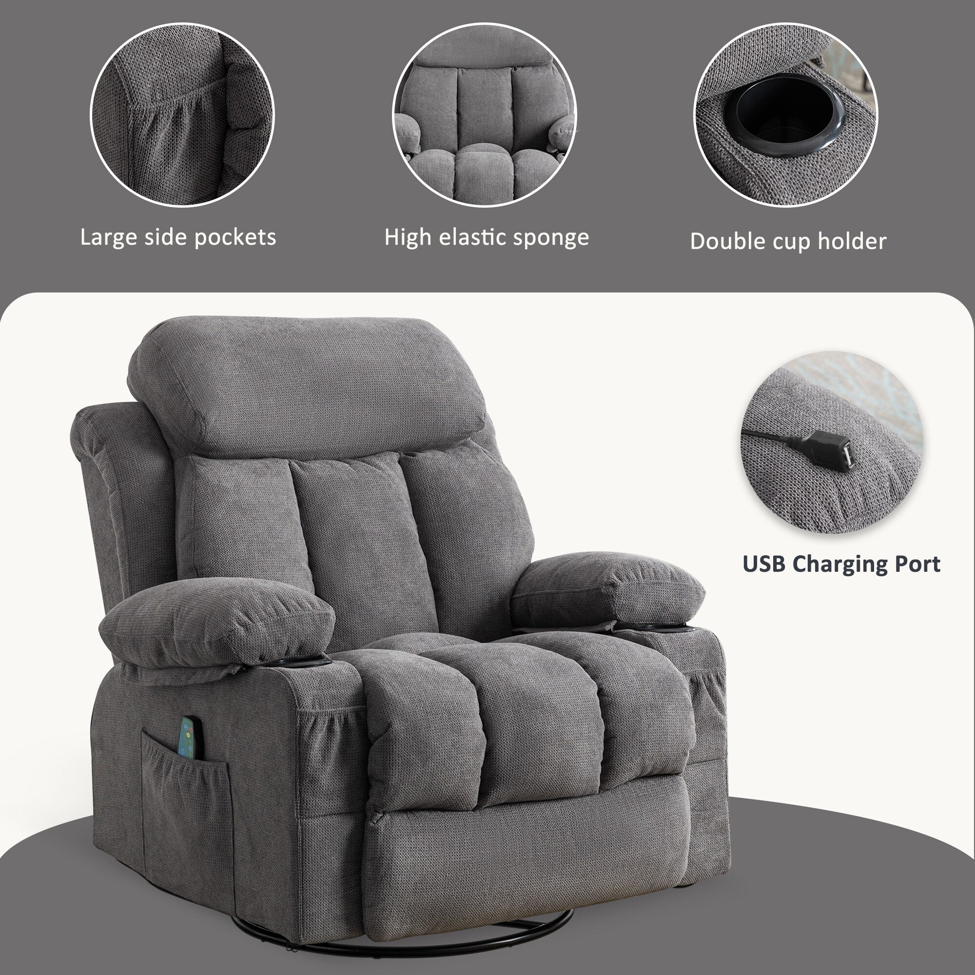 360¡ã Swivel Recliner Chair with Massage, Heat, USB, and Cup Holders