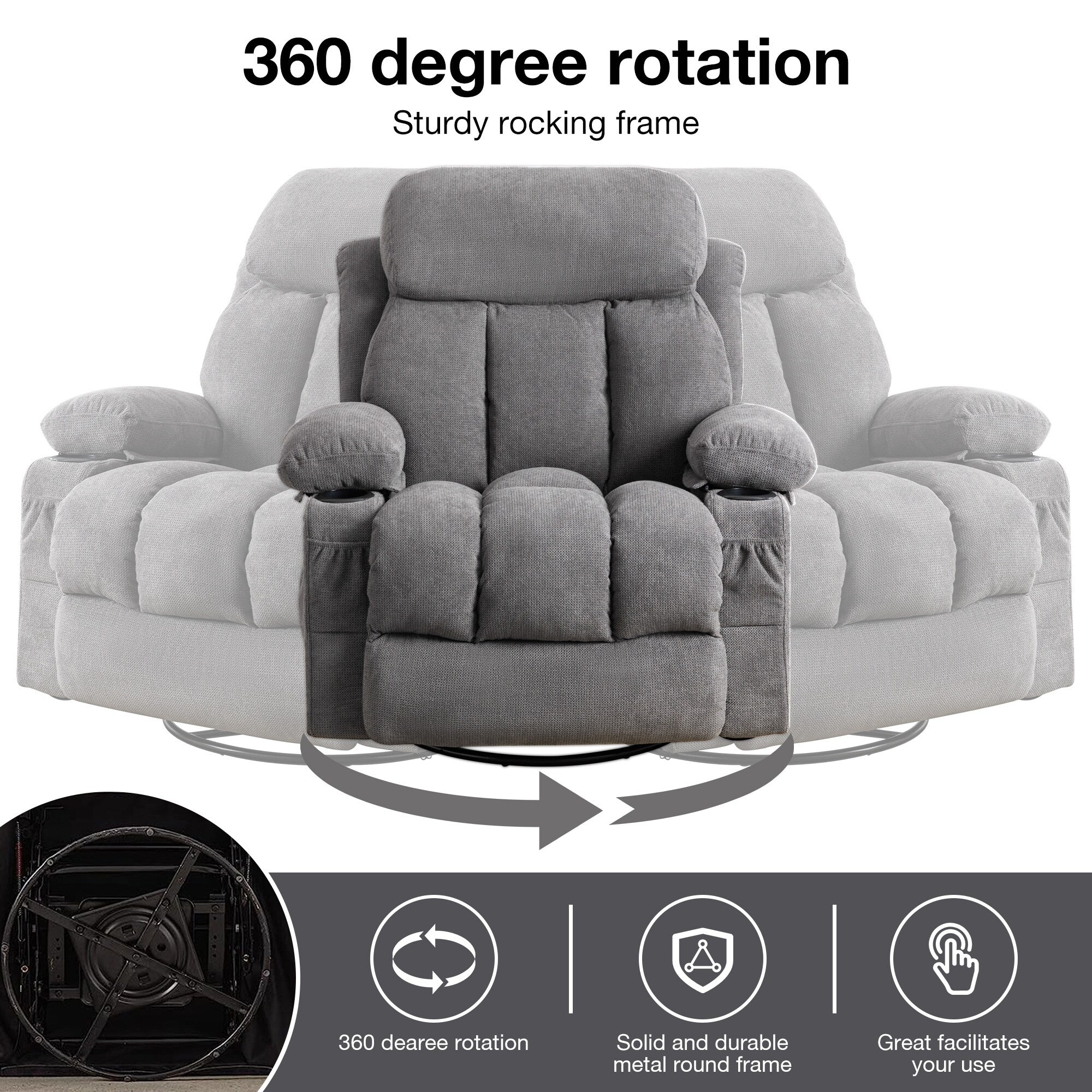 360¡ã Swivel Recliner Chair with Massage, Heat, USB, and Cup Holders