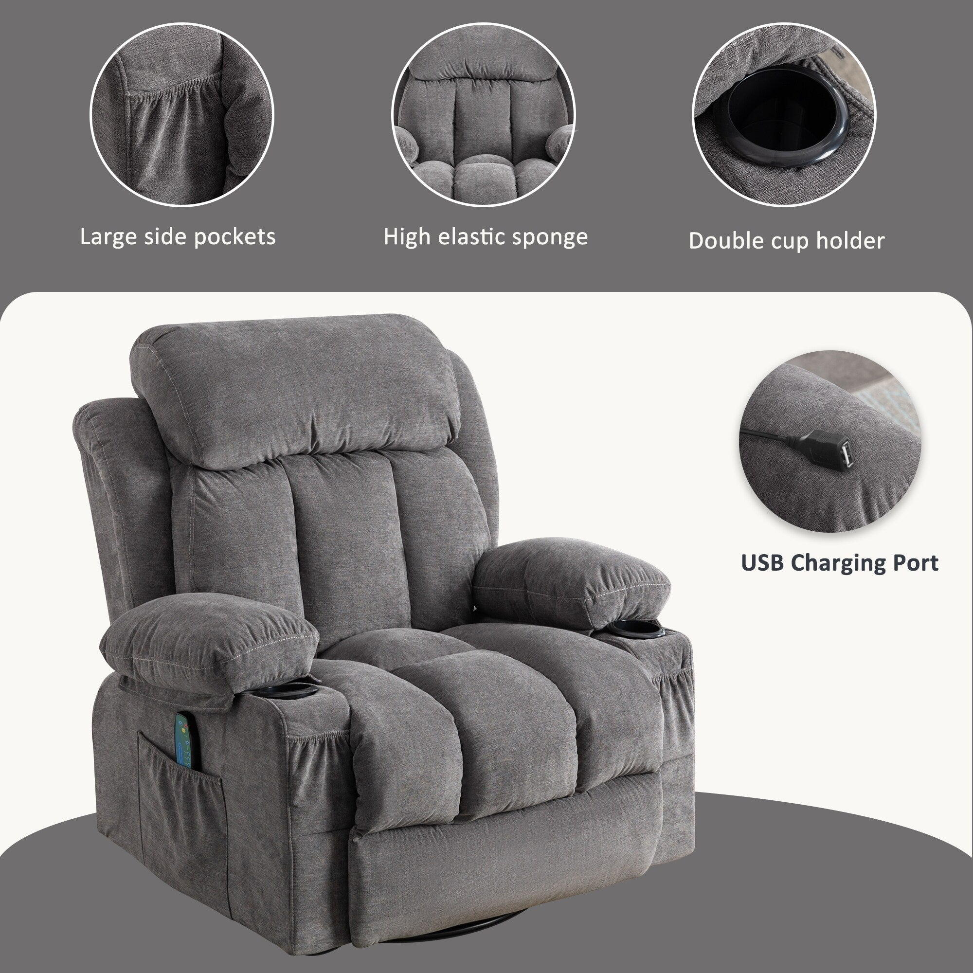 360¡ã Swivel Recliner Chair with Massage, Heat, USB, and Cup Holders