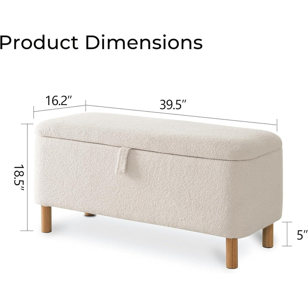 39.5 Off White Boucle Storage Ottoman Bench Sherpa Storage Bench Ottoman Foot Rest End of Bed for Living Room Bedroom,Wood Leg