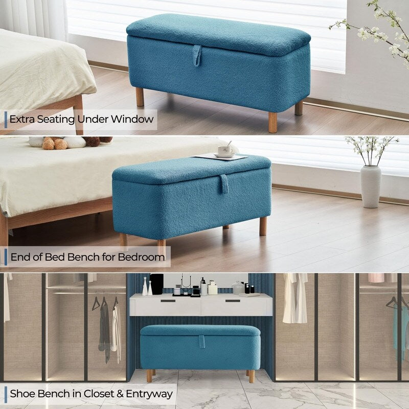 39.5 Off White Boucle Storage Ottoman Bench Sherpa Storage Bench Ottoman Foot Rest End of Bed for Living Room Bedroom,Wood Leg
