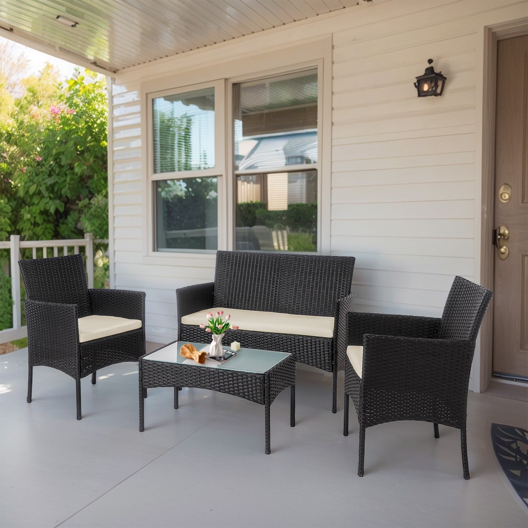 4 Piece Patio Conversation Wicker Furniture Set, Outdoor Rattan Sectional Furniture Set With Cushions