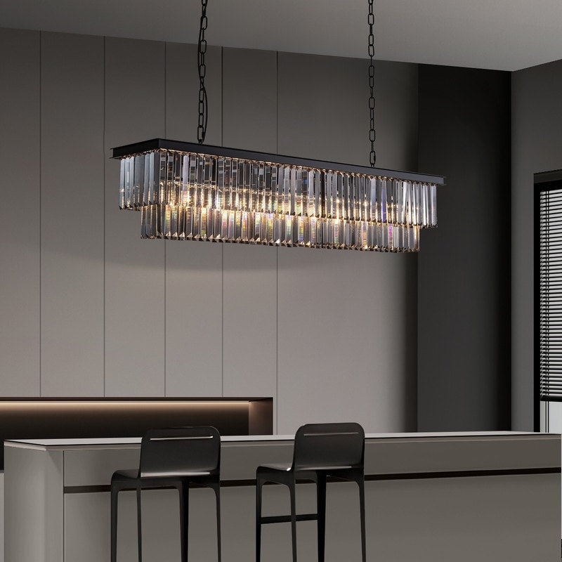 47 in. Smoked Gray and Black Modern Contemporary Crystal Chandelier 2-Tier Linear Kitchen Island Pendant Light for Dining Room