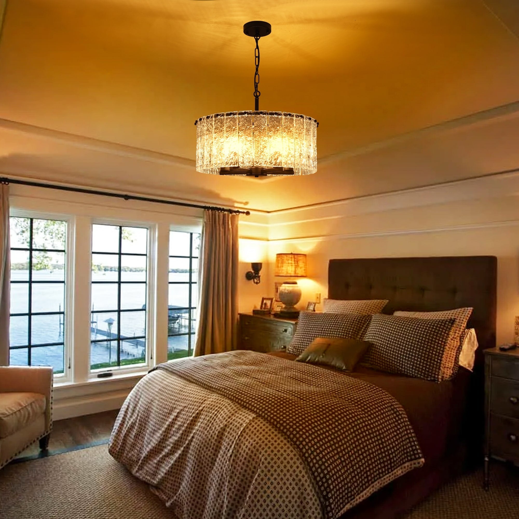 5-Light Modern Round Drum Chandelier, Classic Semi Flush Mount Chandelier, Kitchen Island Pendant Light for Dining Room