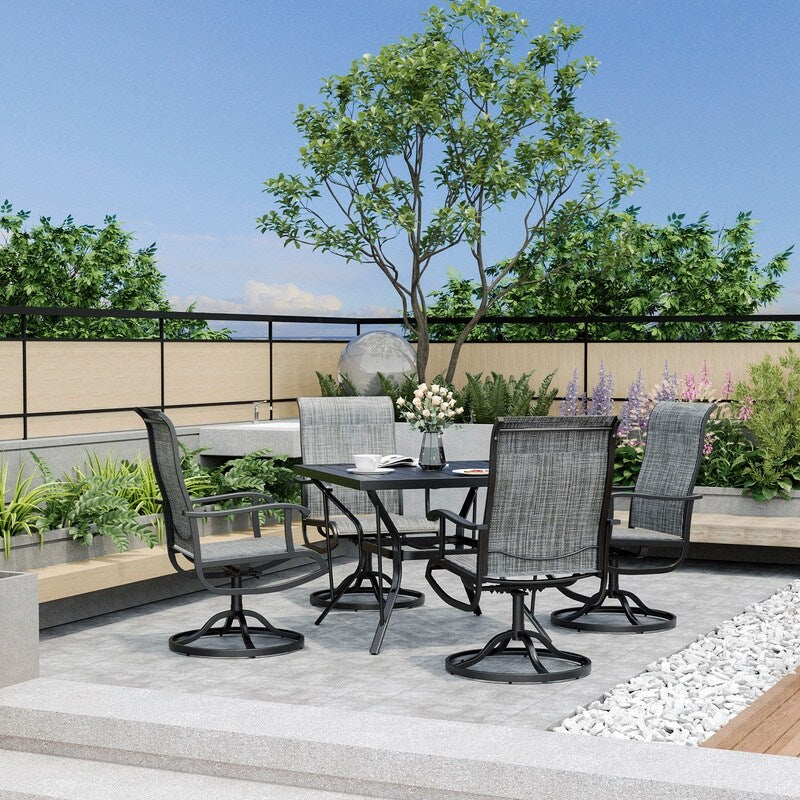 5-Piece Metal Outdoor Patio Dining Set with Square Table and Textilene Swivel Chairs