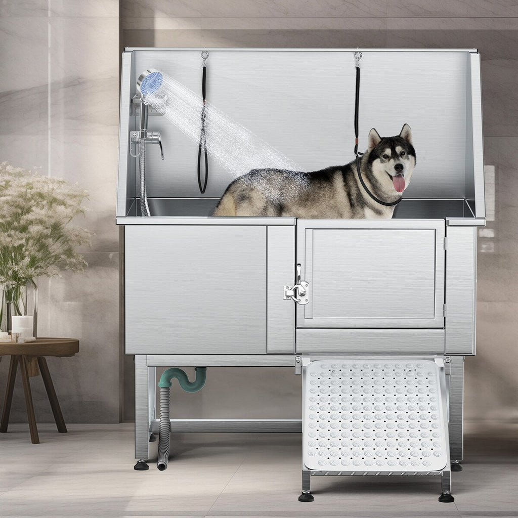 50'' W Stainless Steel Adjustable Pet Grooming Tub with Ramp - Silver