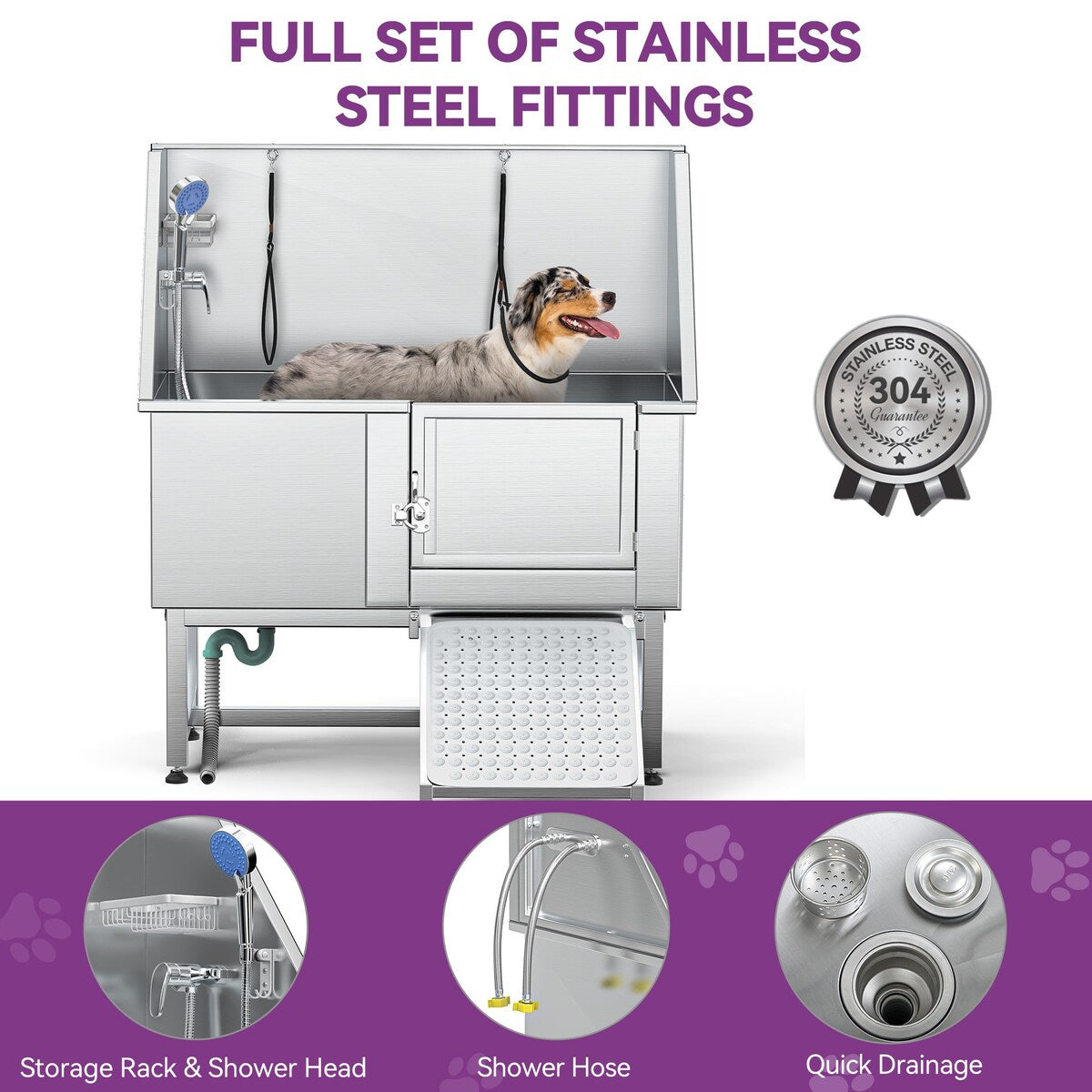 50'' W Stainless Steel Adjustable Pet Grooming Tub with Steps Ramp