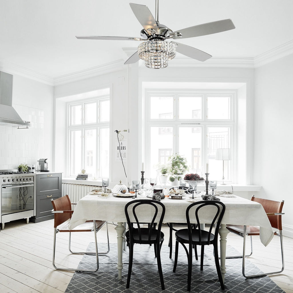 52-inch Chrome Wooden 5-blade Modern Crystal Ceiling Fan with Remote
