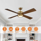 52 Antique Brass Wood 4-Blade Indoor Ceiling Fan with Light and Remote