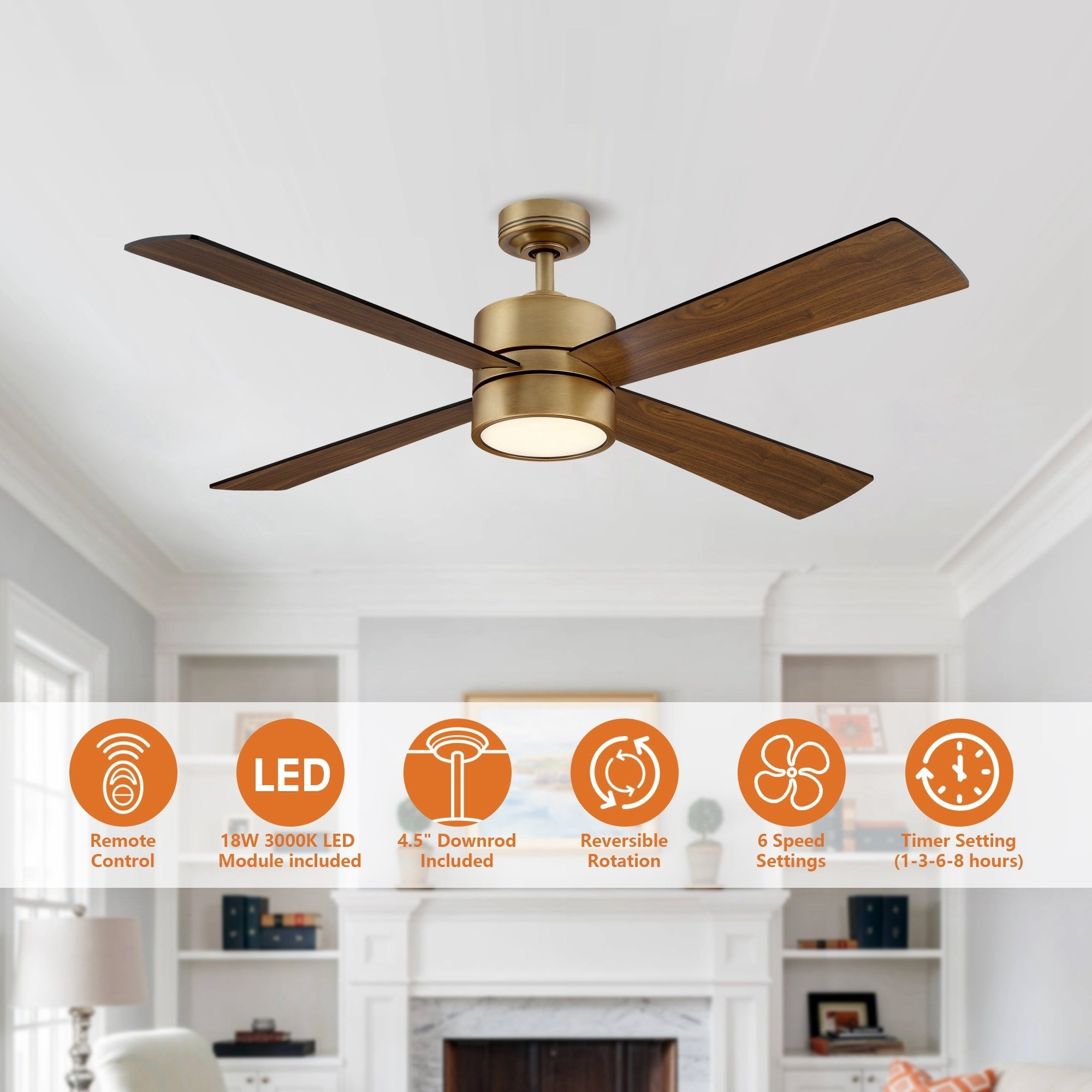 52 Antique Brass Wood 4-Blade Indoor Ceiling Fan with Light and Remote