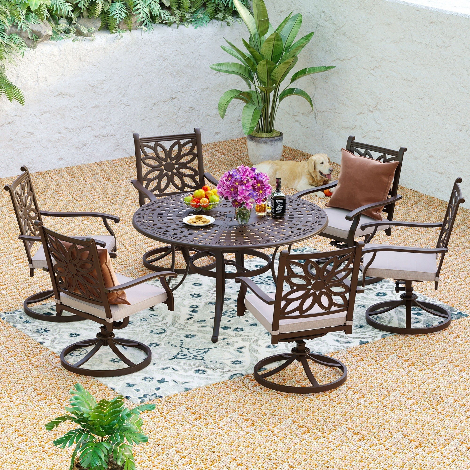 MAISON ARTS Cast Aluminum Dining Chairs/Patio Dining Set with Round Dining Table & 6 Cast Aluminum Patio Chairs