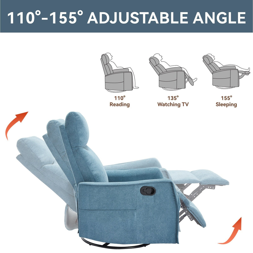 8 Point Massage Manual Recliner Chair Fabric Swivel Rocking Chair Single Sofa Armchair with Rocker and Lumbar Heating