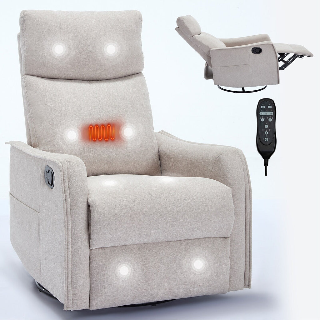 8 Point Massage Manual Recliner Chair Fabric Swivel Rocking Chair Single Sofa Armchair with Rocker and Lumbar Heating