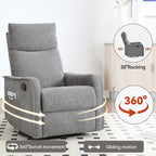 8 Point Massage Manual Recliner Chair Fabric Swivel Rocking Chair Single Sofa Armchair with Rocker and Lumbar Heating