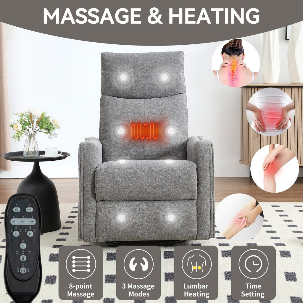 8 Point Massage Manual Recliner Chair Fabric Swivel Rocking Chair Single Sofa Armchair with Rocker and Lumbar Heating