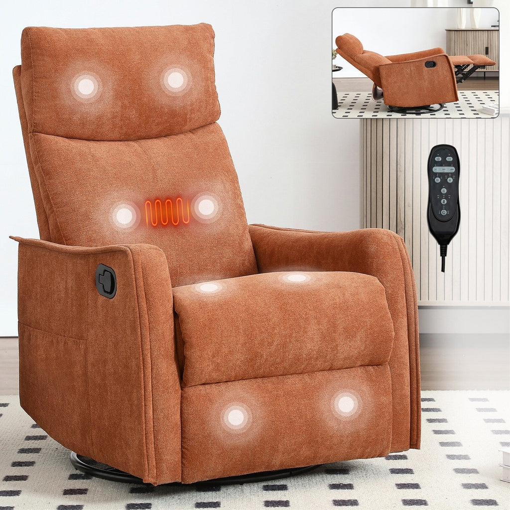 8 Point Massage Manual Recliner Chair Fabric Swivel Rocking Chair Single Sofa Armchair with Rocker and Lumbar Heating