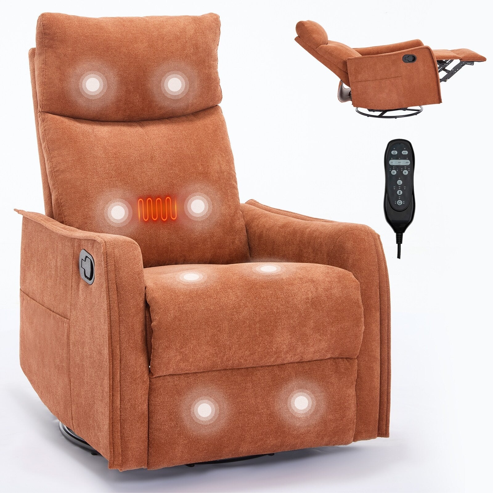 8 Point Massage Manual Recliner Chair Fabric Swivel Rocking Chair Single Sofa Armchair with Rocker and Lumbar Heating