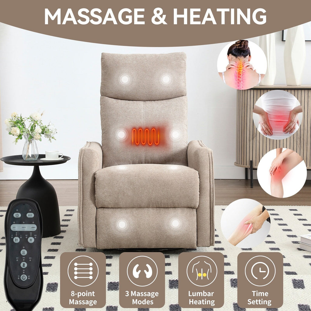 8 Point Massage Manual Recliner Chair Fabric Swivel Rocking Chair Single Sofa Armchair with Rocker and Lumbar Heating