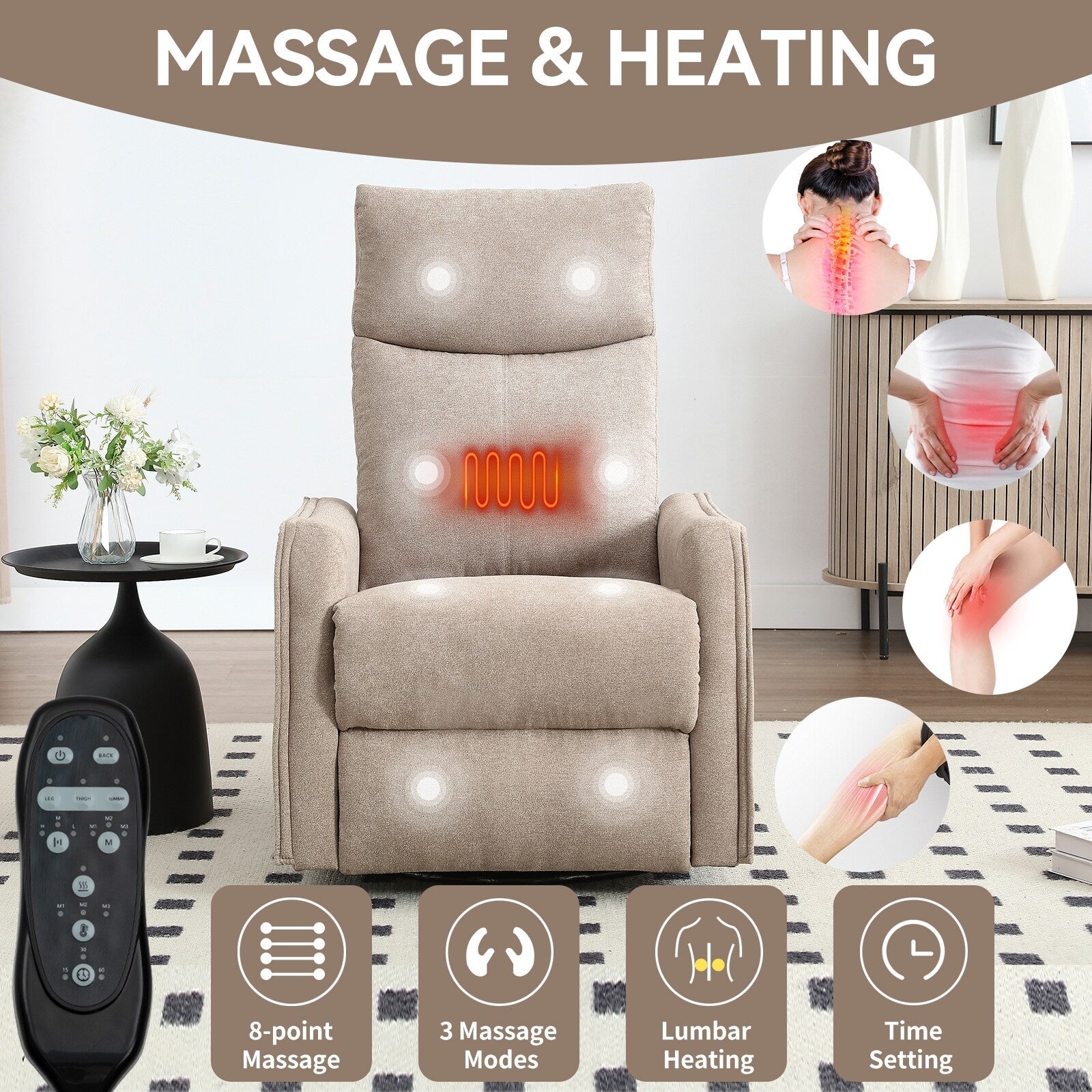8 Point Massage Manual Recliner Chair Fabric Swivel Rocking Chair Single Sofa Armchair with Rocker and Lumbar Heating