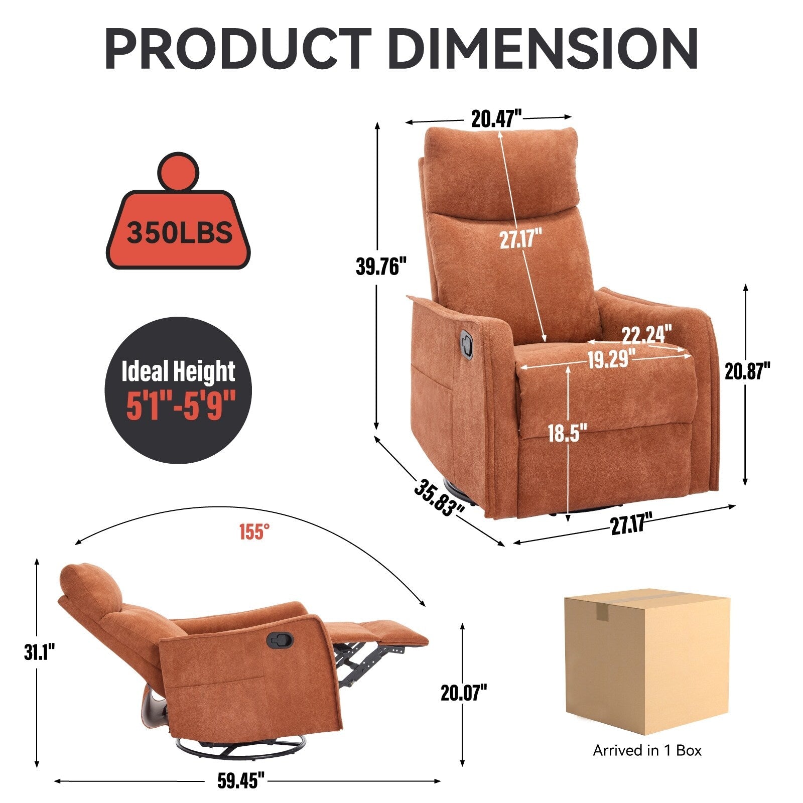 8 Point Massage Manual Recliner Chair Fabric Swivel Rocking Chair Single Sofa Armchair with Rocker and Lumbar Heating