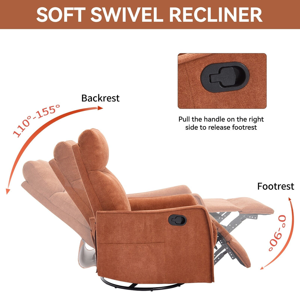 8 Point Massage Manual Recliner Chair Fabric Swivel Rocking Chair Single Sofa Armchair with Rocker and Lumbar Heating