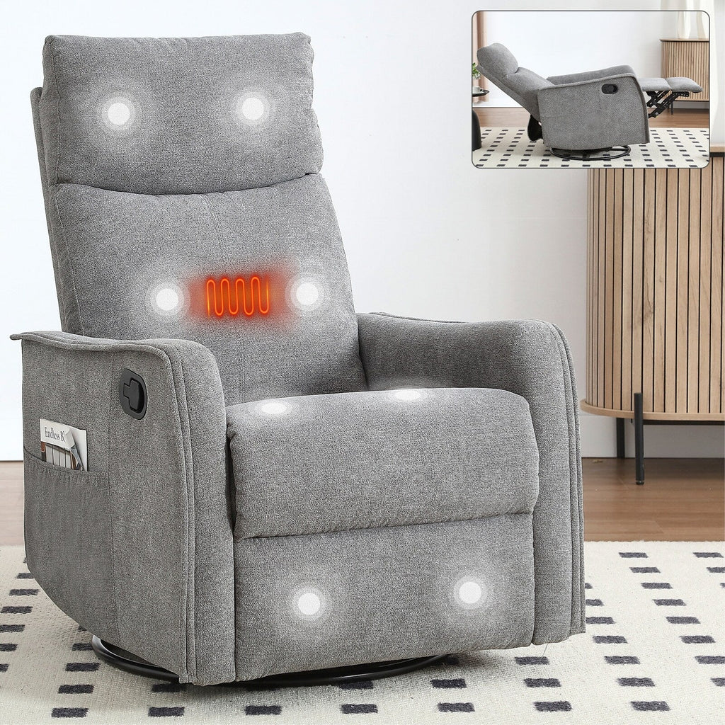 8 Point Massage Manual Recliner Chair Fabric Swivel Rocking Chair Single Sofa Armchair with Rocker and Lumbar Heating