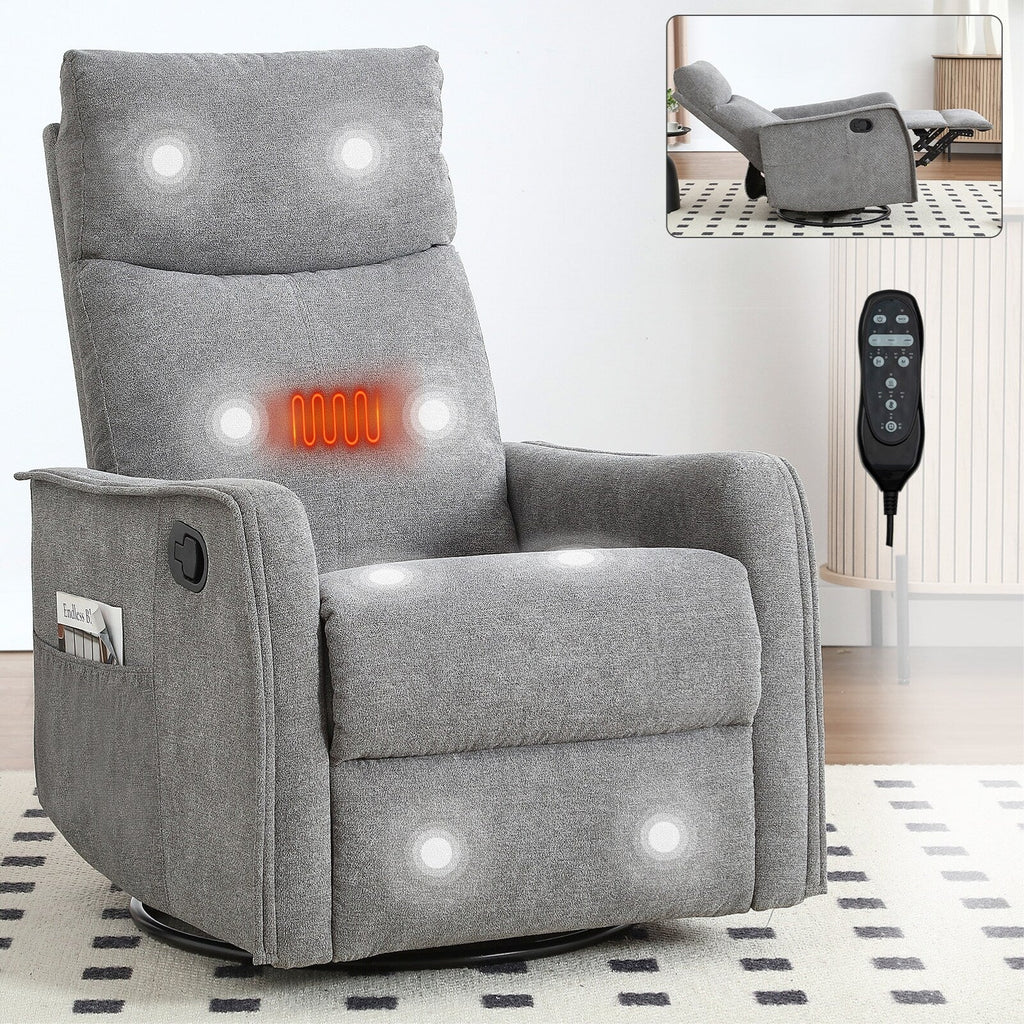 8 Point Massage Manual Recliner Chair Fabric Swivel Rocking Chair Single Sofa Armchair with Rocker and Lumbar Heating