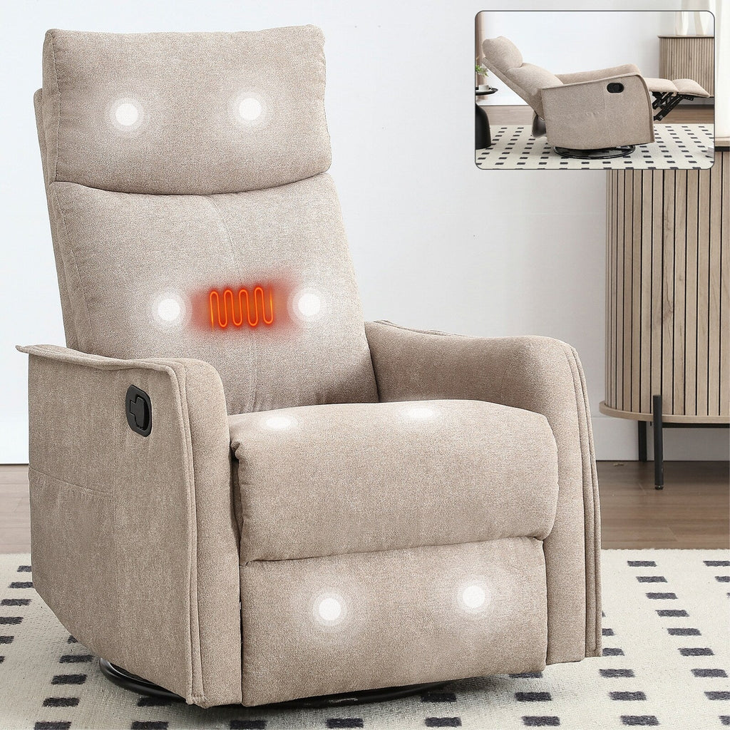 8 Point Massage Manual Recliner Chair Fabric Swivel Rocking Chair Single Sofa Armchair with Rocker and Lumbar Heating