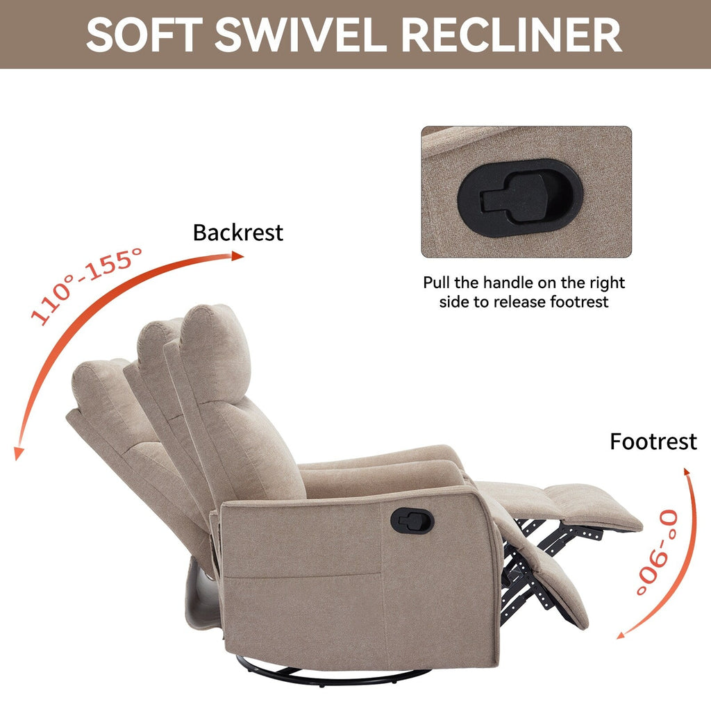 8 Point Massage Manual Recliner Chair Fabric Swivel Rocking Chair Single Sofa Armchair with Rocker and Lumbar Heating