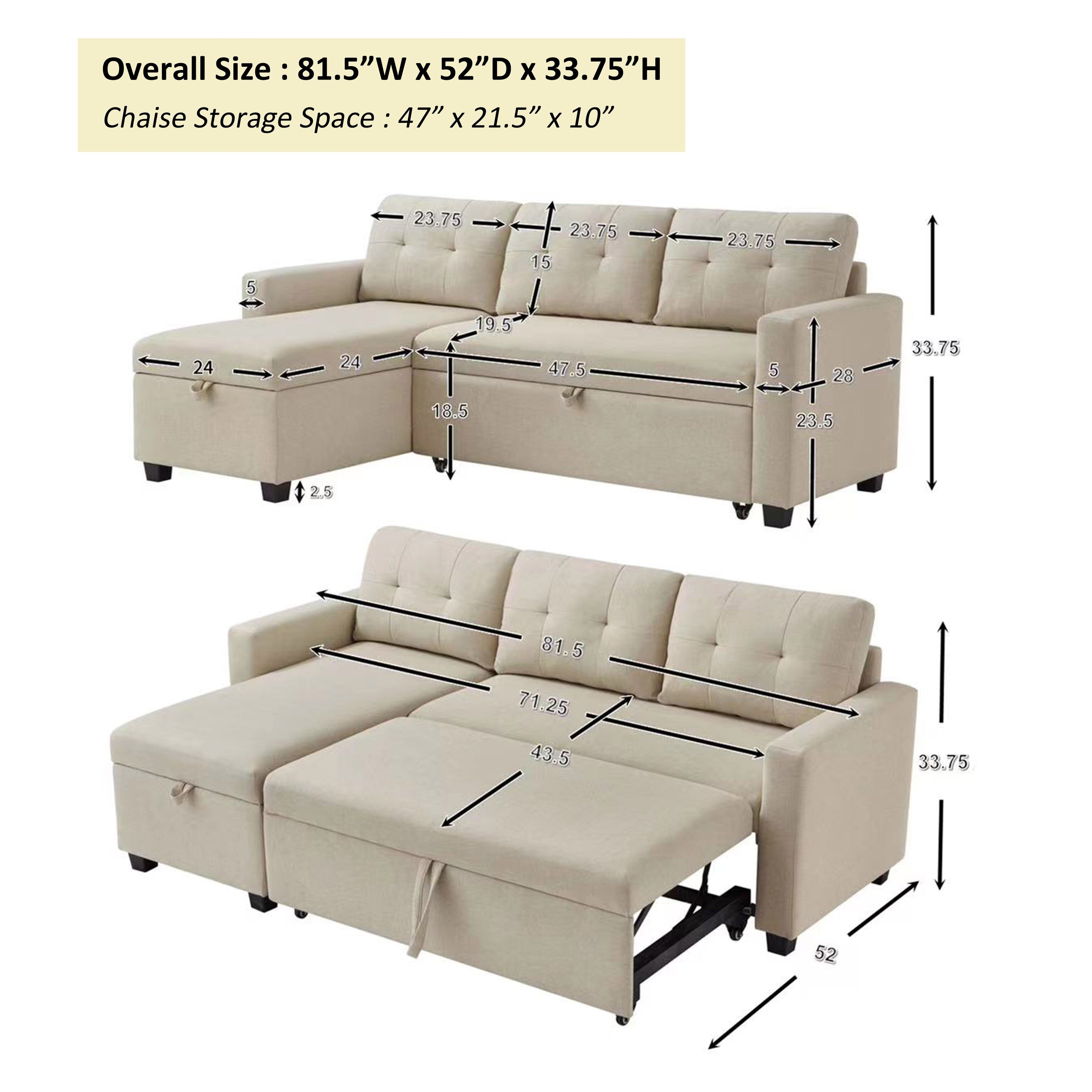 81.5'' Upholstered Convertible 3 Seater Sleeper Sofa with Pull-Out Bed, Reversible Storage Chaise, and Back Cushions