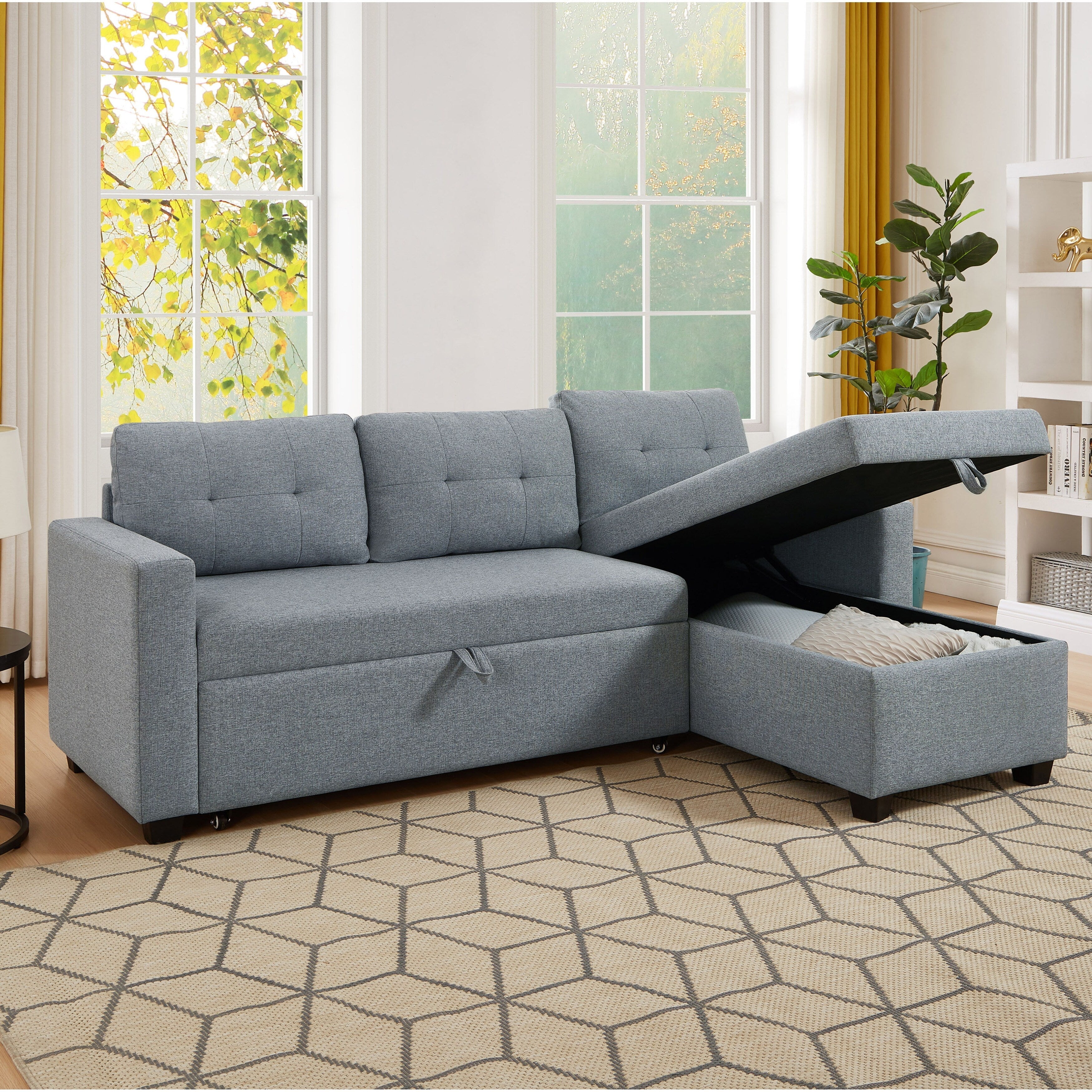 81.5'' Upholstered Convertible 3 Seater Sleeper Sofa with Pull-Out Bed, Reversible Storage Chaise, and Back Cushions