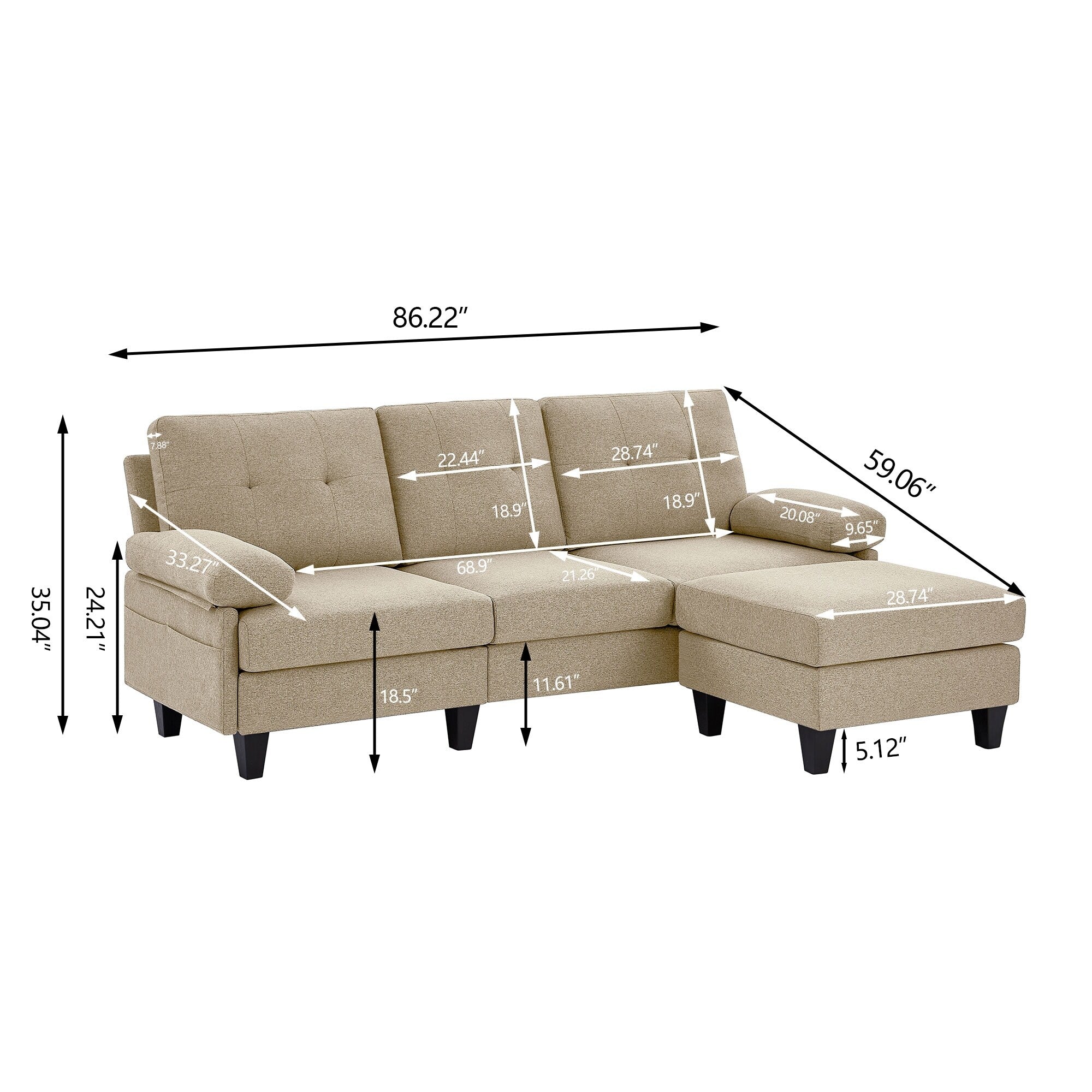 86.22 L Shaped Sectional Sofa with Side Storage Pockets